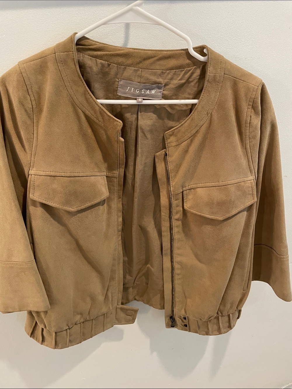 Jigsaw Suede Short Bomber Jacket in Light Brown